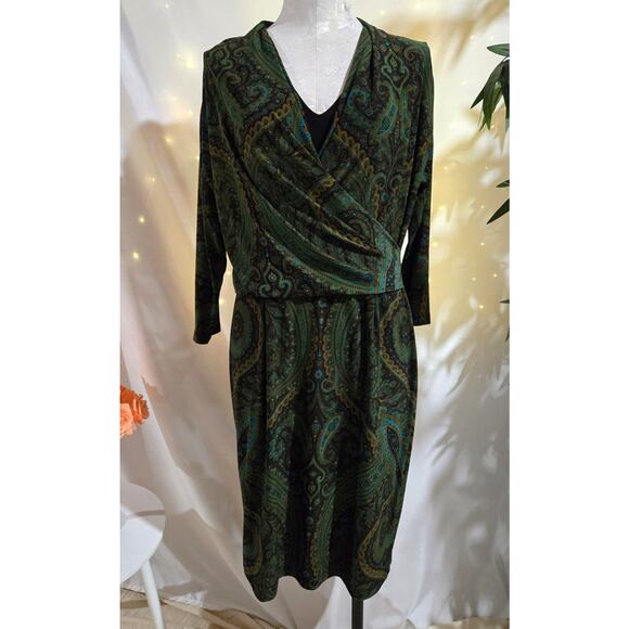 Jones New York Paisley Faux Wrap Draped Layer Dress Sz 12 Liquid Slinky Stretch - Picture 1 of 11